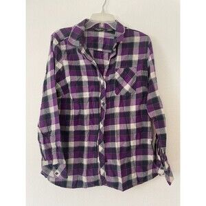 Eddie Bauer women’s flannel top large Purple Plaid Button Down Long Sleeve